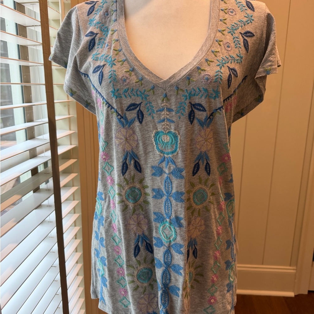 Johnny Was V Neck, Flutter Sleeve Gray Tee with Blue, Green and Pink Embroidery